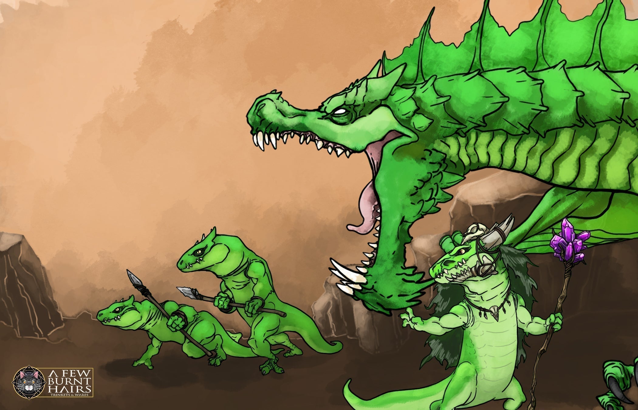 Dungeons and Dragons green dragon and green kobold servants stand in a dirt background